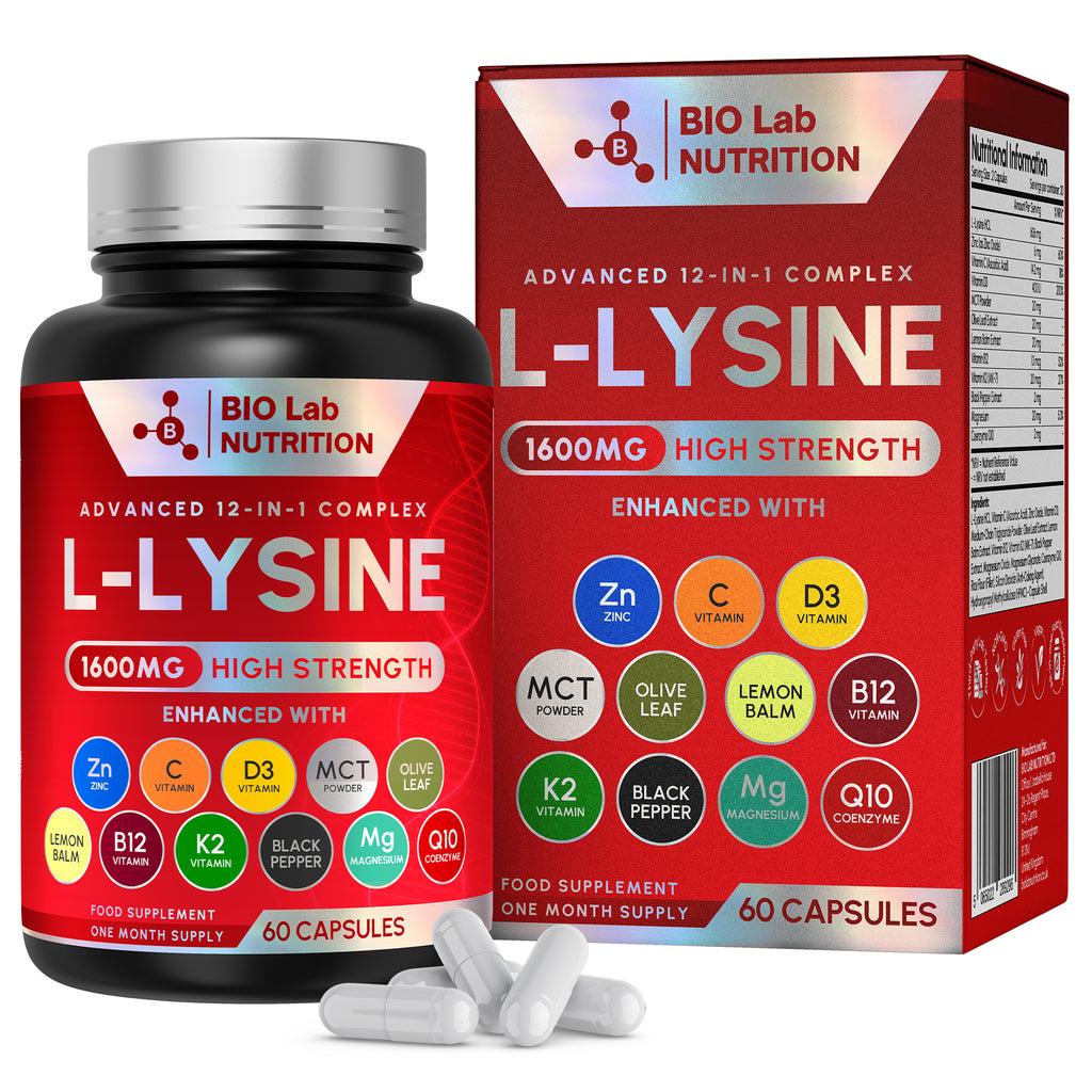 Bio Lab Nutrition  1600mg High Strength L-Lysine  – 12-in-1 Complex with Zinc, Vitamin C, D3 & Olive Leaf – Targeted Support for Skin Maintenance, Immune Health & Fatigue – 60 Vegan Capsules