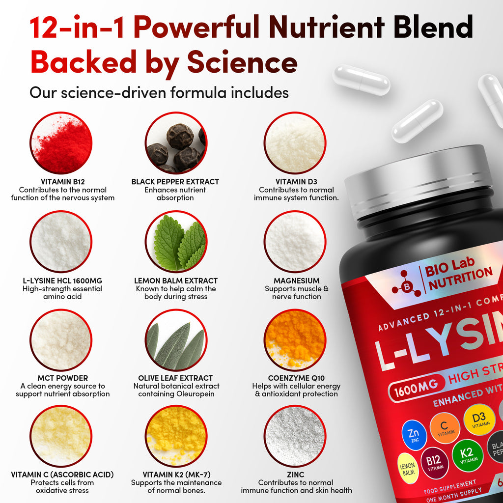 Bio Lab Nutrition  1600mg High Strength L-Lysine  – 12-in-1 Complex with Zinc, Vitamin C, D3 & Olive Leaf – Targeted Support for Skin Maintenance, Immune Health & Fatigue – 60 Vegan Capsules