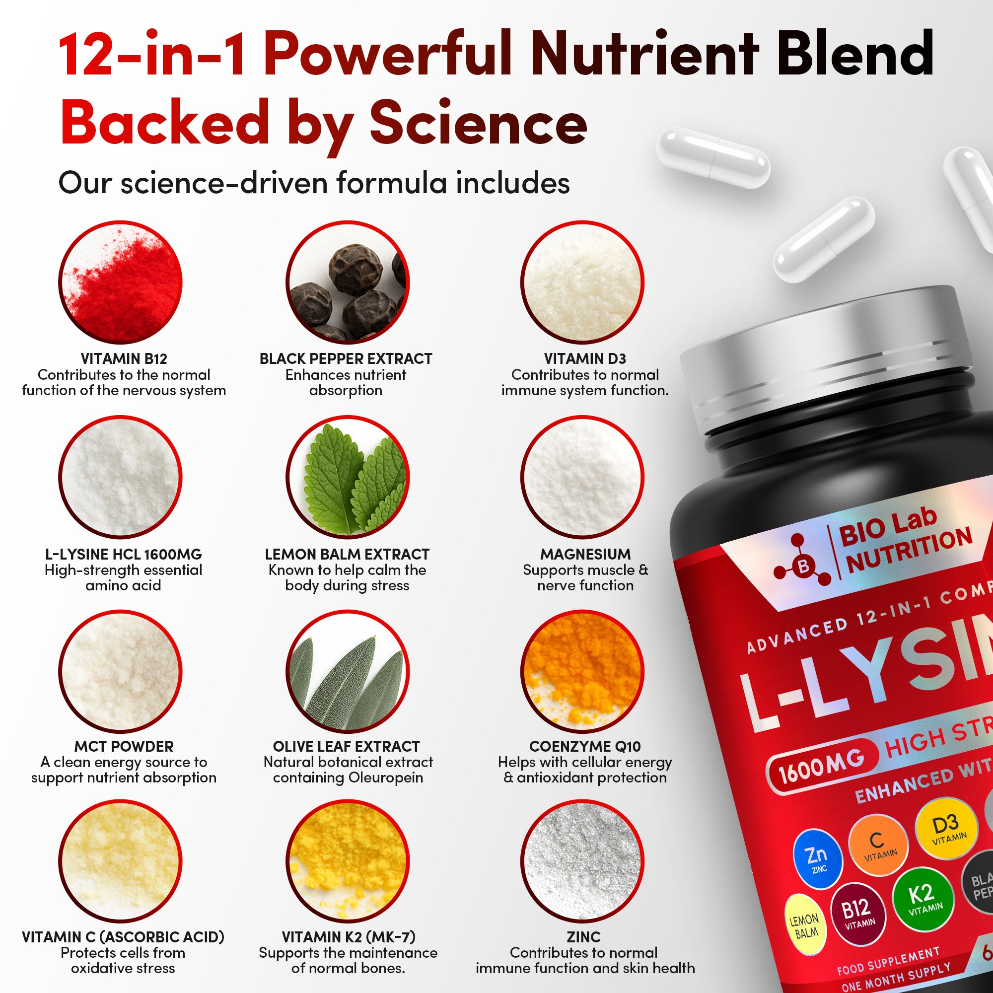 Bio Lab Nutrition  1600mg High Strength L-Lysine  – 12-in-1 Complex with Zinc, Vitamin C, D3 & Olive Leaf – Targeted Support for Skin Maintenance, Immune Health & Fatigue – 60 Vegan Capsules