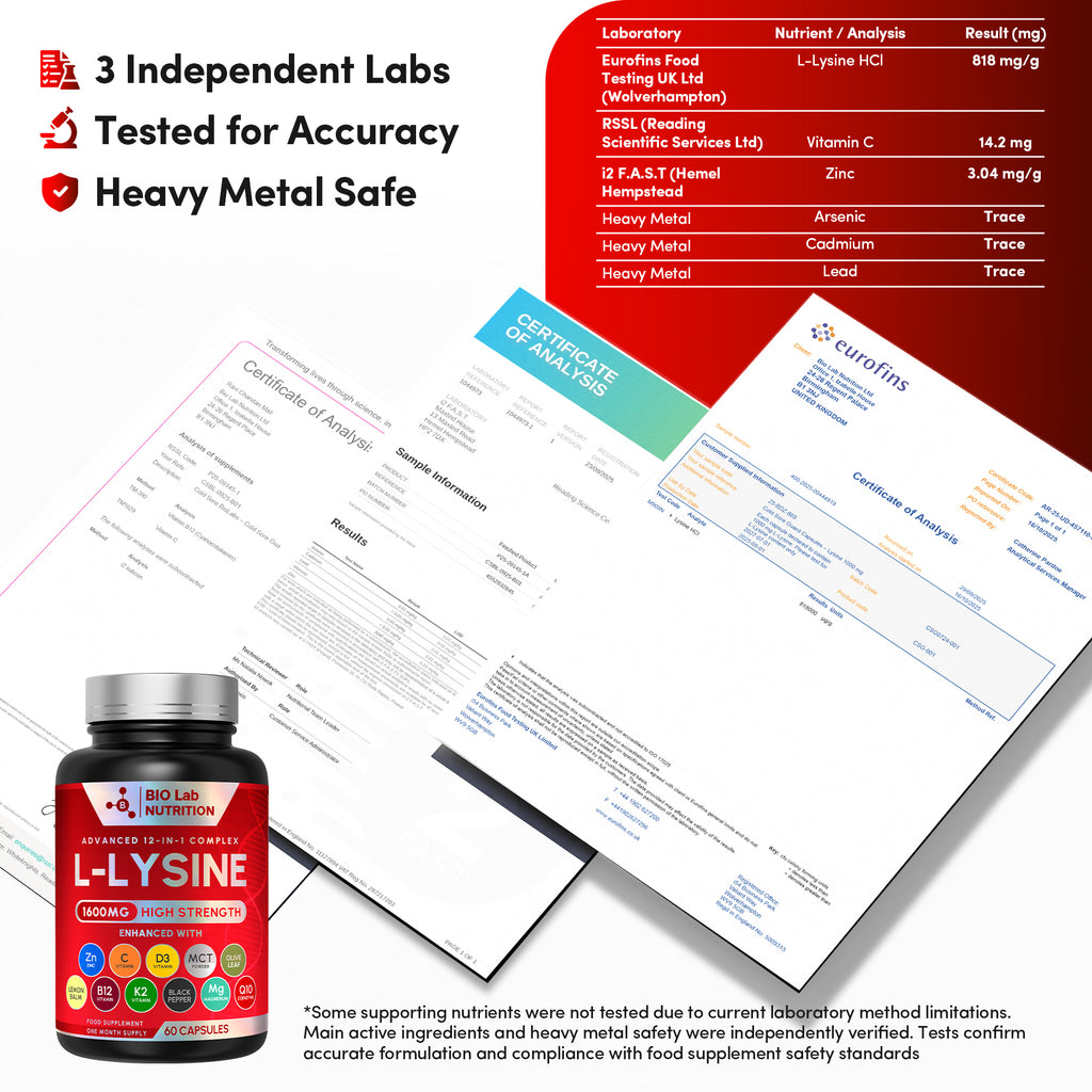 Bio Lab Nutrition  1600mg High Strength L-Lysine  – 12-in-1 Complex with Zinc, Vitamin C, D3 & Olive Leaf – Targeted Support for Skin Maintenance, Immune Health & Fatigue – 60 Vegan Capsules