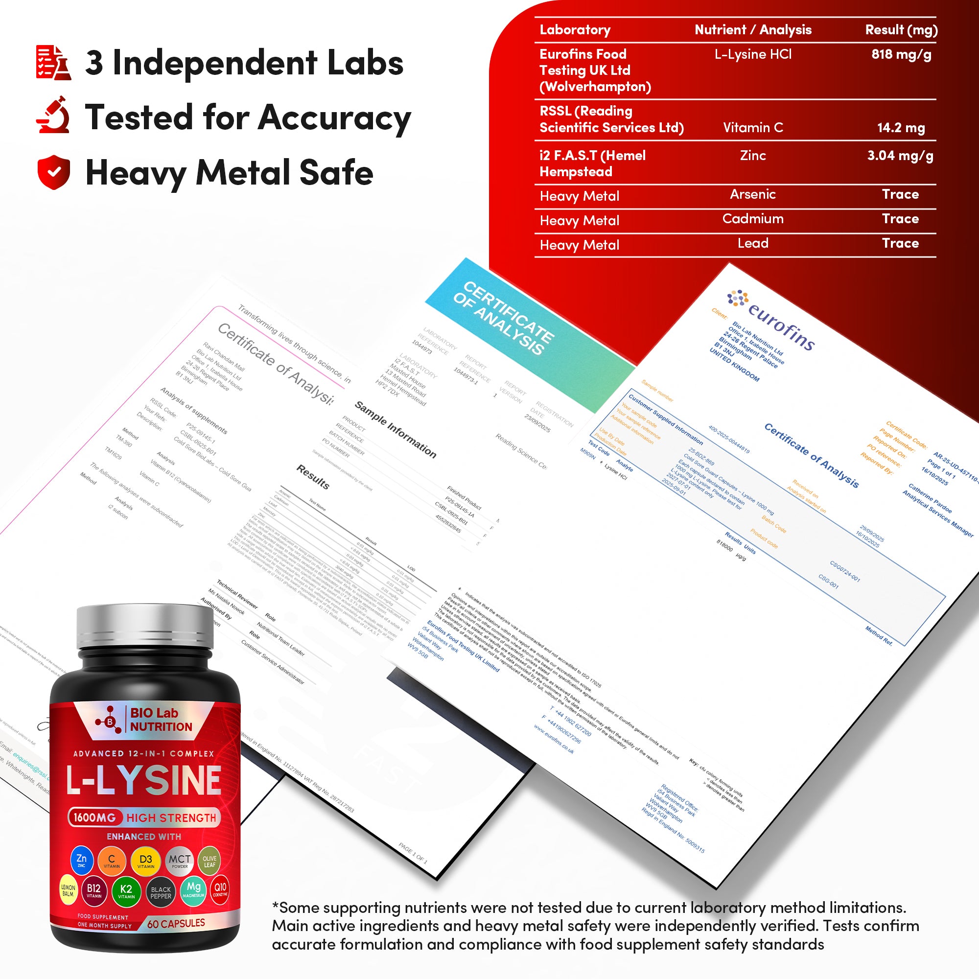 Bio Lab Nutrition  1600mg High Strength L-Lysine  – 12-in-1 Complex with Zinc, Vitamin C, D3 & Olive Leaf – Targeted Support for Skin Maintenance, Immune Health & Fatigue – 60 Vegan Capsules