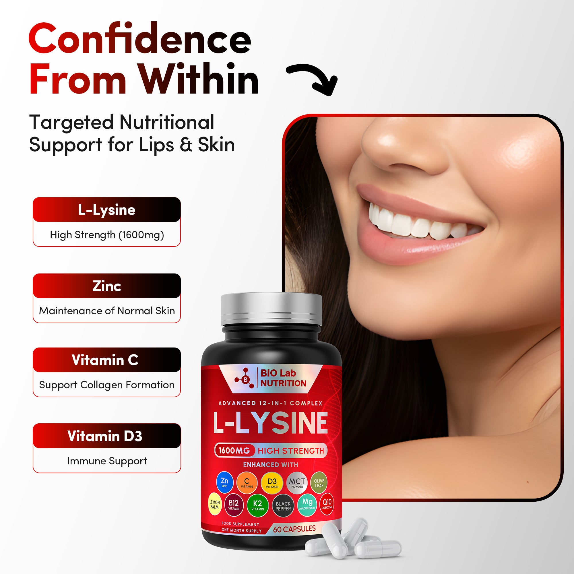 Bio Lab Nutrition  1600mg High Strength L-Lysine  – 12-in-1 Complex with Zinc, Vitamin C, D3 & Olive Leaf – Targeted Support for Skin Maintenance, Immune Health & Fatigue – 60 Vegan Capsules